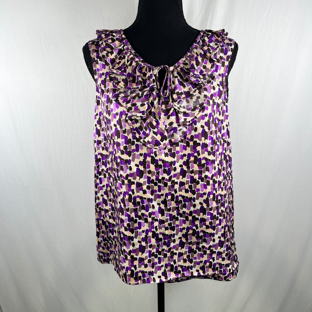 Kate Spade Silk Ruffle Neck Sleeveless Blouse Top Purple Brown Size 8